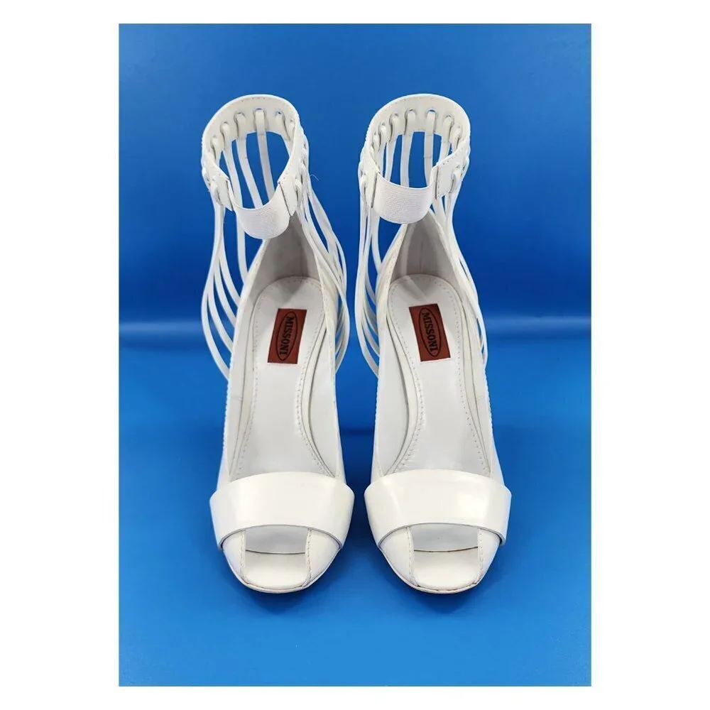 MISSONI NWOB Runway White Leather Caged Peep Toe Pumps Heels Ankle Strap NEW